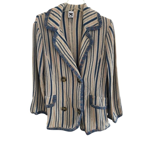 M MISSONI Sz 12 XL Blue Taupe Striped Knit Cardigan Blazer Jacket Quiet Luxury - Picture 2 of 8